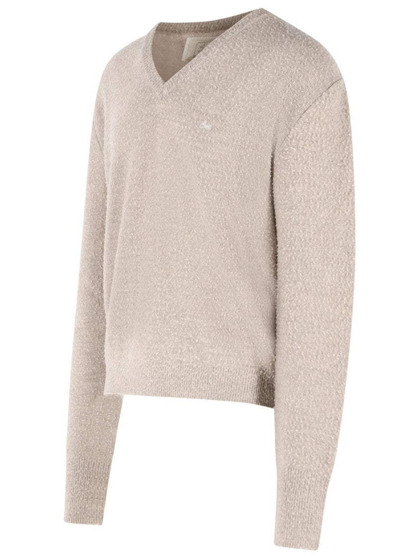 Erl Beige V-Neck Embroidered Wool Sweater