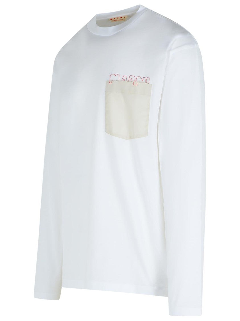 Marni Long-Sleeved White Cotton T-Shirt With Contrast Chest Pocket