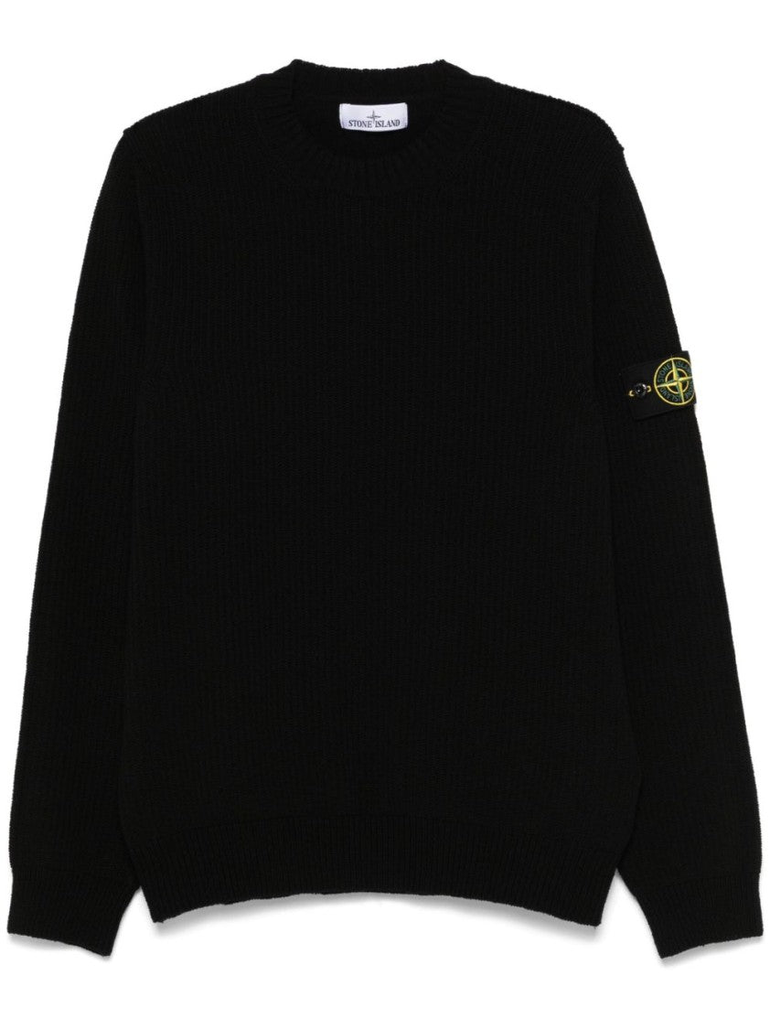 Stone Island Ribbed Black Sweater With Classic Crew Neckline