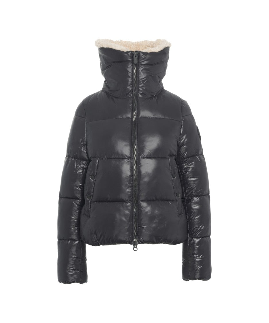Save The Duck Glossy Black Puffer Jacket With Faux Fur Collar