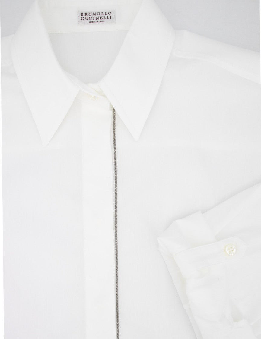 Brunello Cucinelli Flared White Shirt With Jewel Embroidery