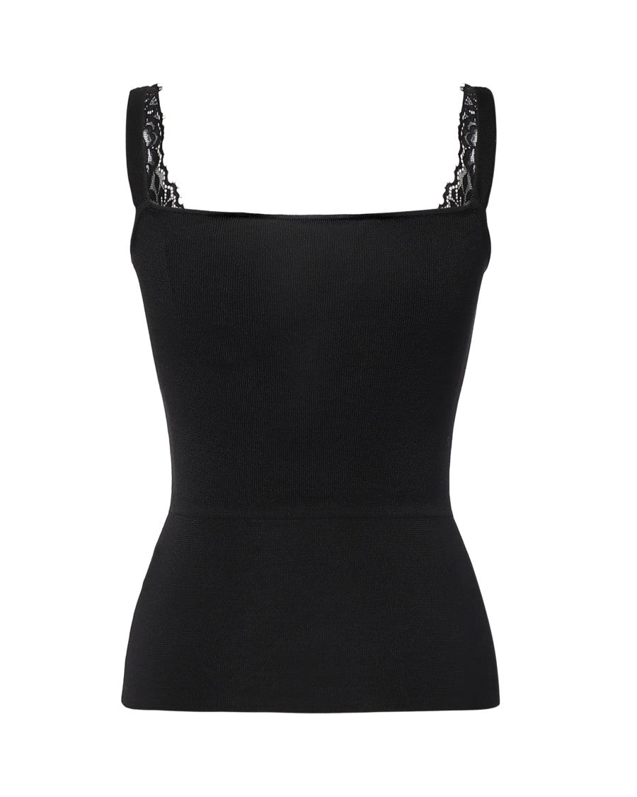 Self-Portrait Sweetheart Neckline Lace Trim Ribbed Knit Top