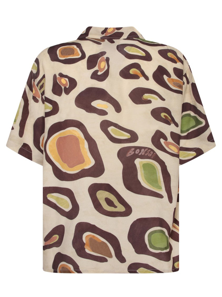 Bonsai Patterned Bowling Neck Shirt In Viscose With Design