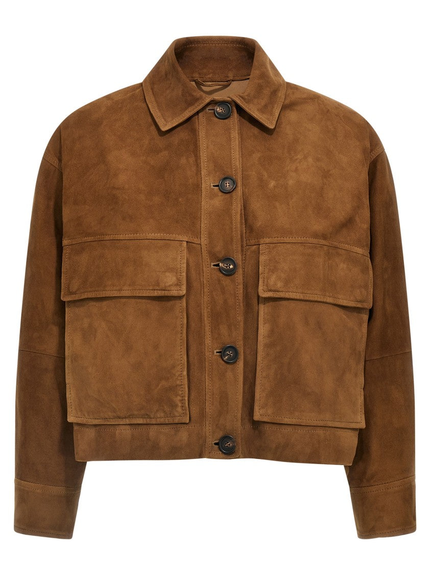 Brunello Cucinelli Wide-Cropped Brown Suede Jacket Button Closure
