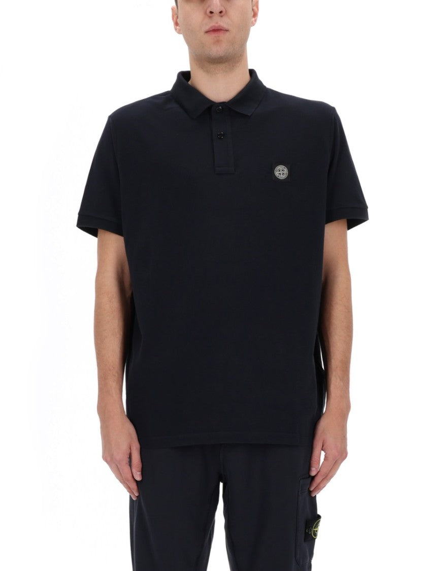 Stone Island Black Cotton Logo Patch Polo Shirt