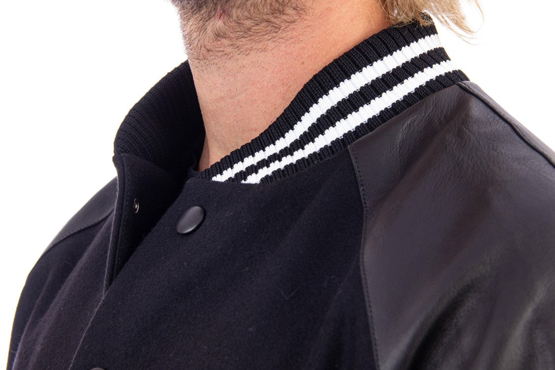 Pt Torino Bimaterial Leather-Wool Jacket With Baseball Collar