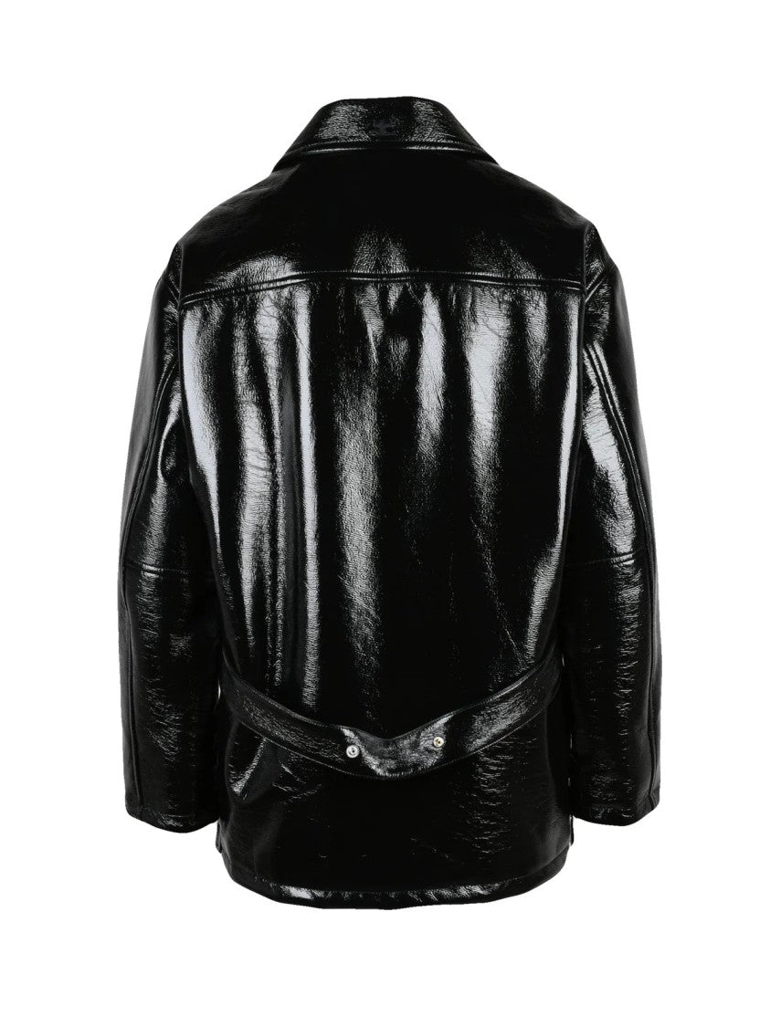 Courrèges Patent Finish Black Jacket With Zippered Pockets And Structured Collar