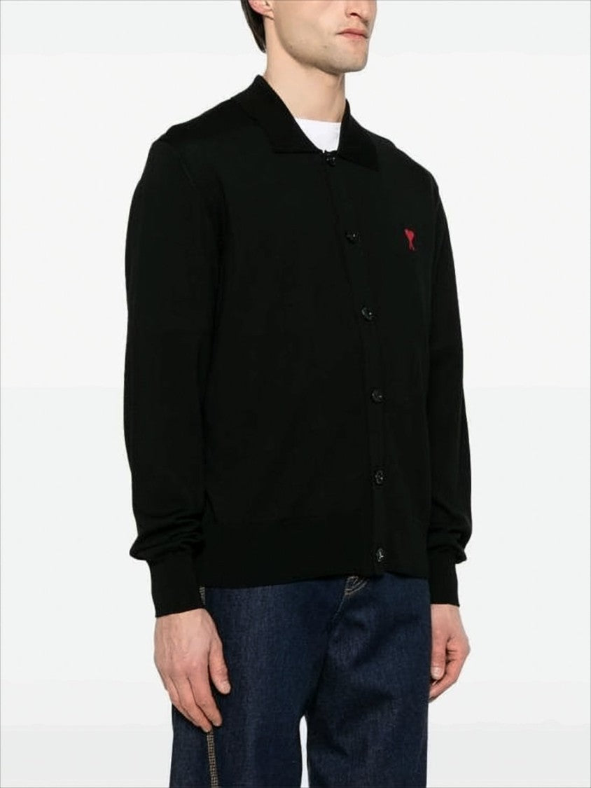 Ami Button-Up Black Wool Cardigan With Classic Collar