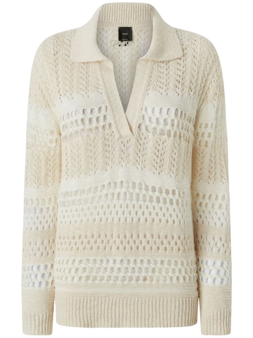 Pinko Textured Knit White Sweater With Stylish Collar
