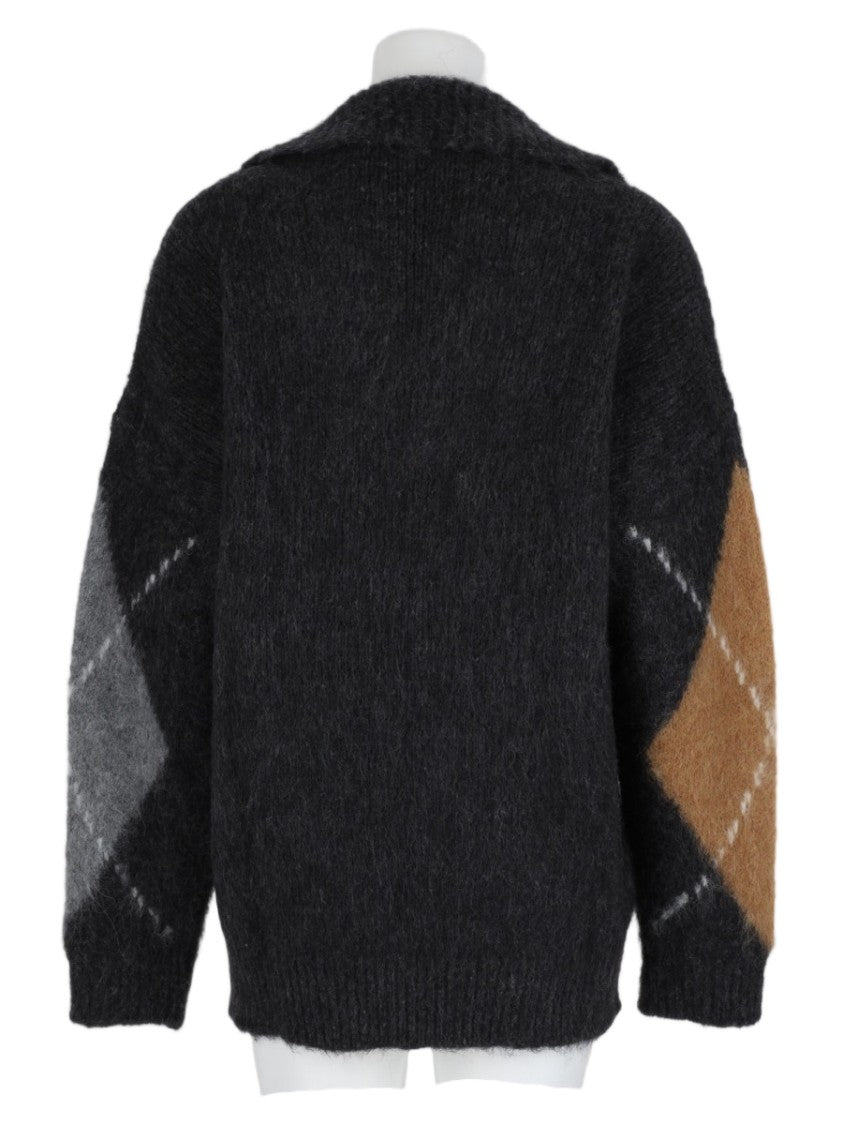 Filippa K Grey Argyle V-Neck Collared Alpaca-Blend Sweater