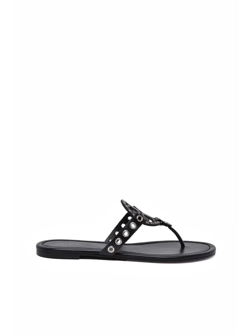 Tory Burch Black Miller Eyelet Leather Flip Flops