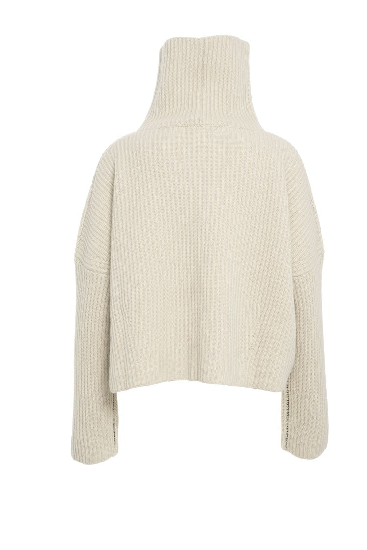 Roberto Collina Beige Ribbed Turtleneck Knit Sweater With Cropped Design