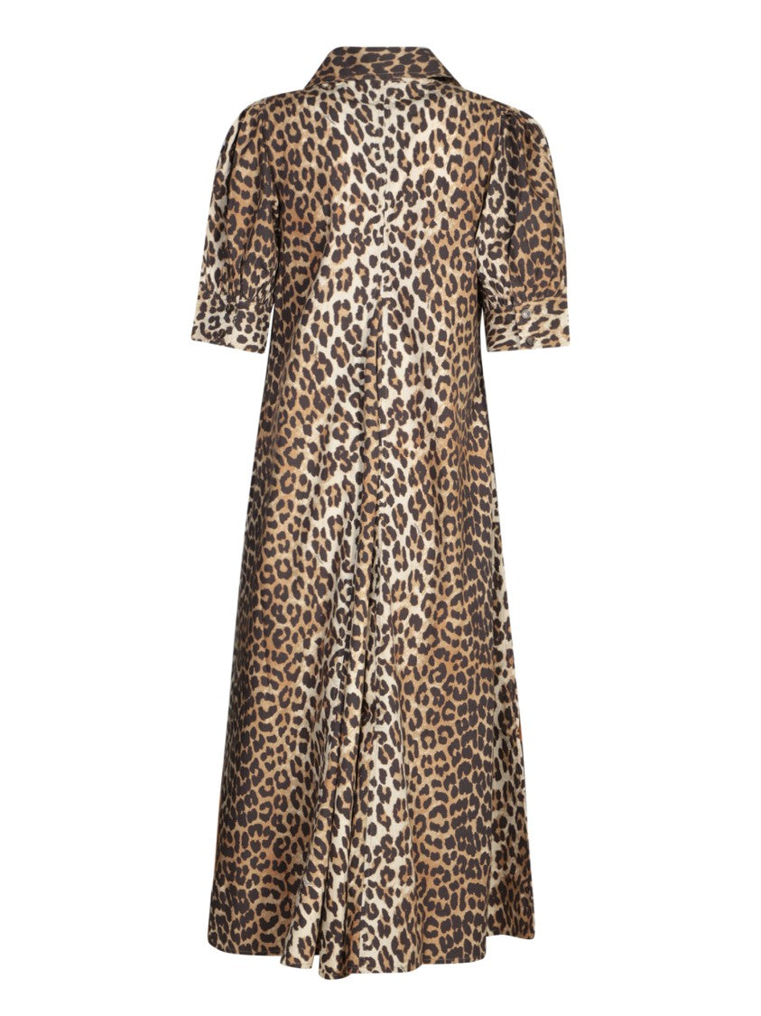 Ganni Leopard Print Midi Dress With Short Sleeves