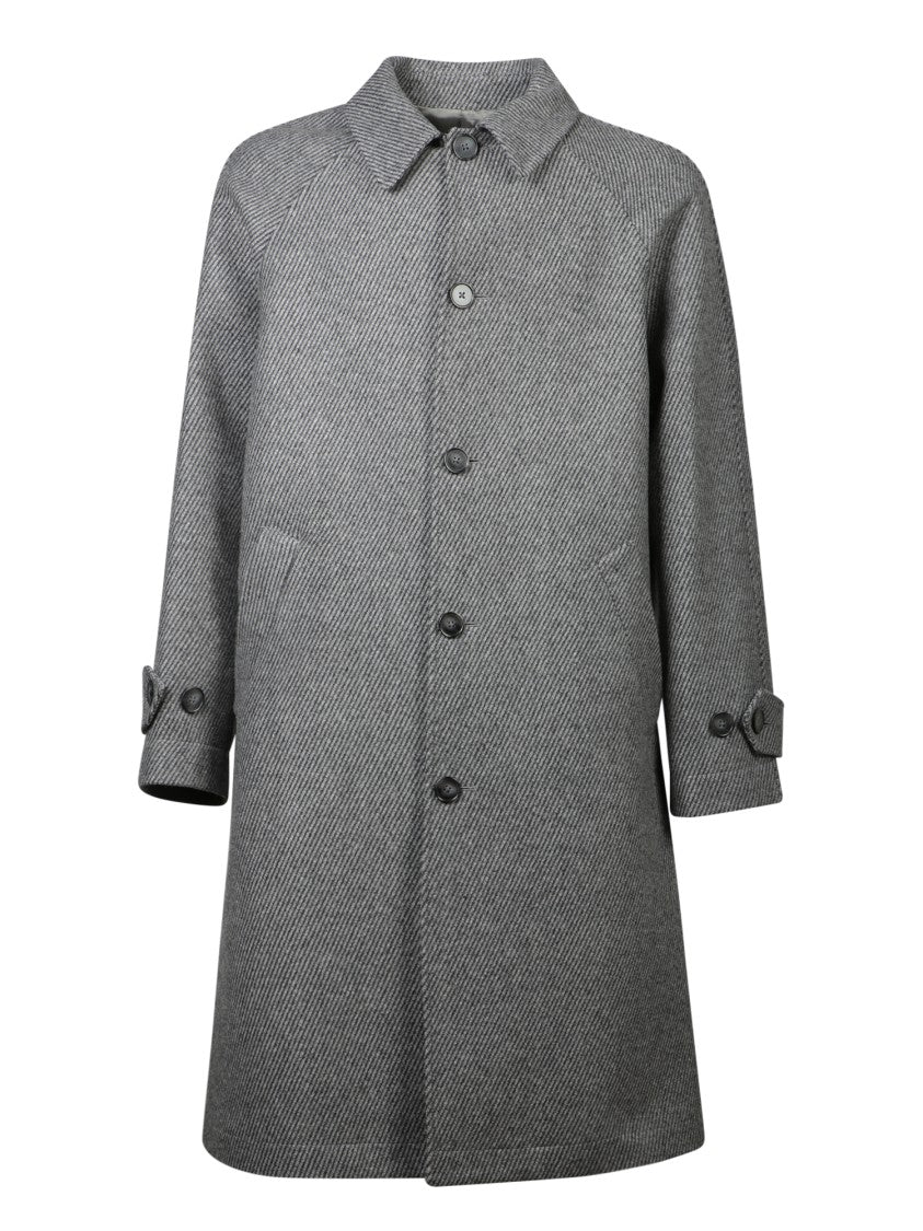 Officine Generale Grey Striped Wool Raglan Coat