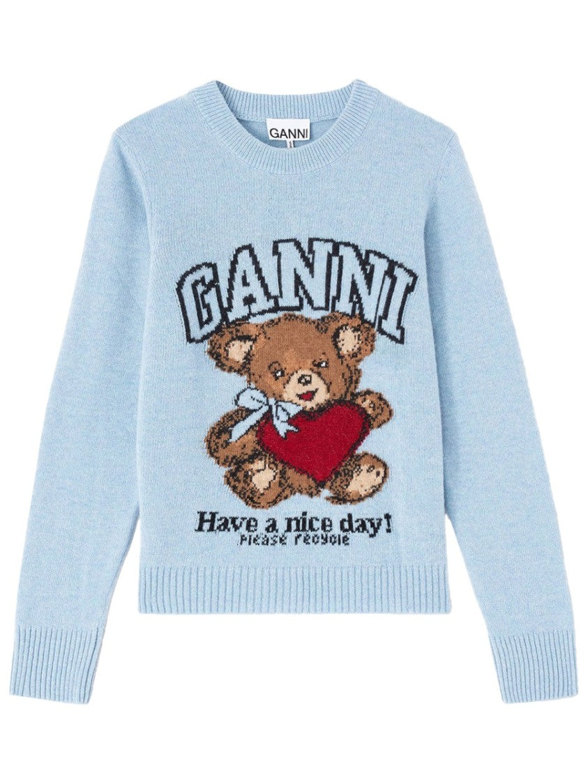 Ganni Teddy Bear Graphic Ribbed Crewneck Sweater
