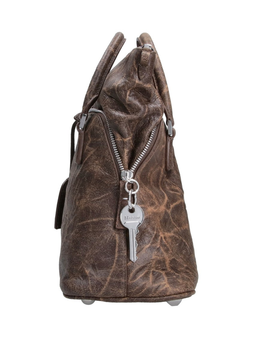 Maison Margiela Mini Tote Bag In Distressed Brown Leather