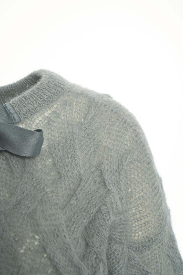 Semi Couture Cropped Gray Cable Knit Cardigan With Satin Bow Detail