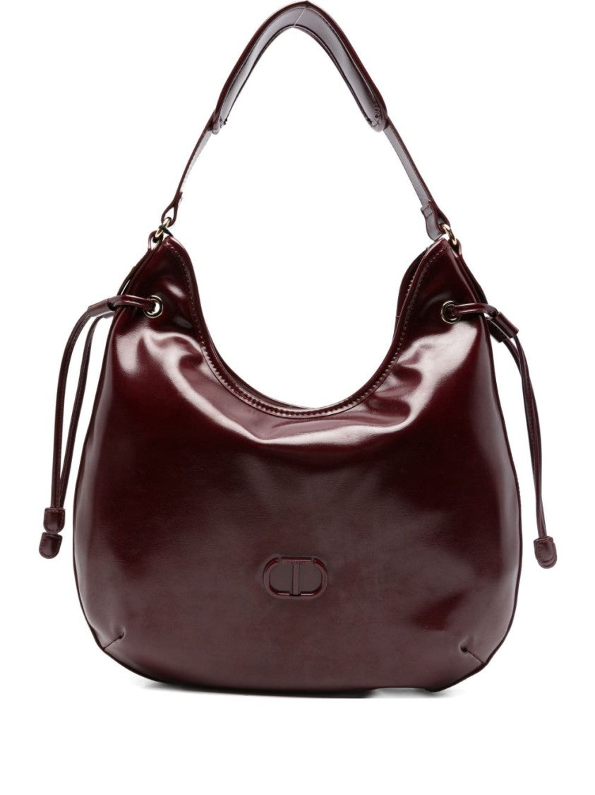 Twin-Set Medium Burgundy Handbag With Drawstring Details And Embossed Logo