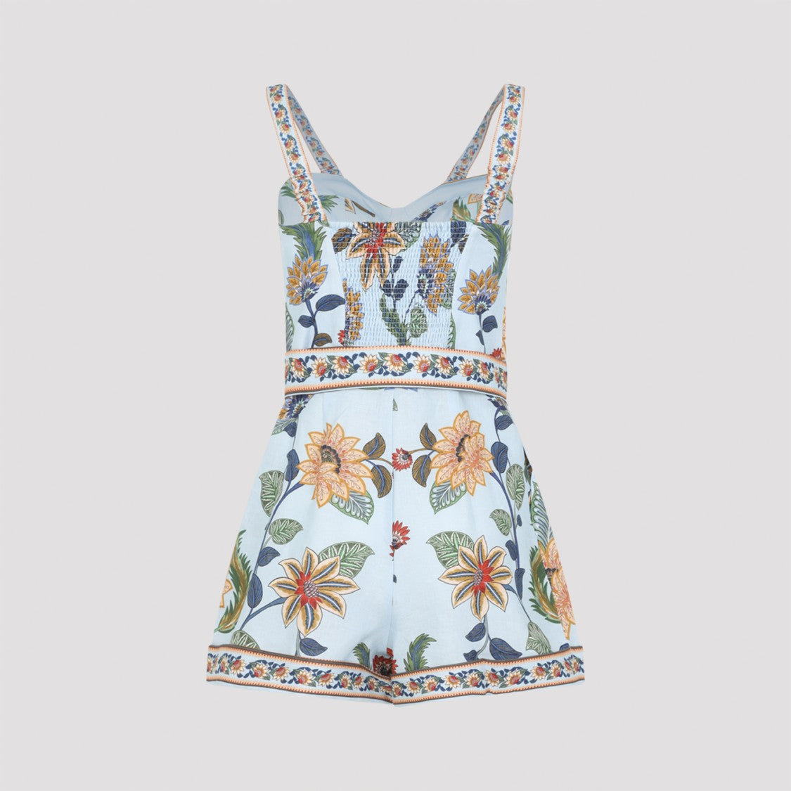 Farm Rio Sleeveless Floral Print Linen Overall With Belted Waist