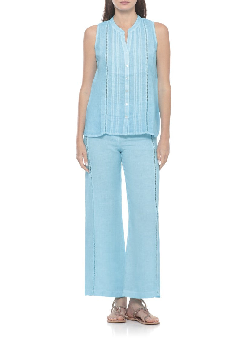 120% Lino Light Blue Cut-Out Linen Straight-Leg Pants