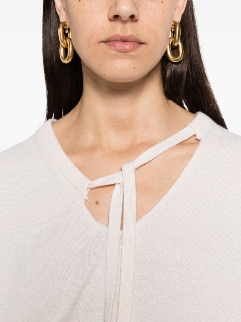 Dries Van Noten Ecru Ruffled V-Neck Knit Sweater