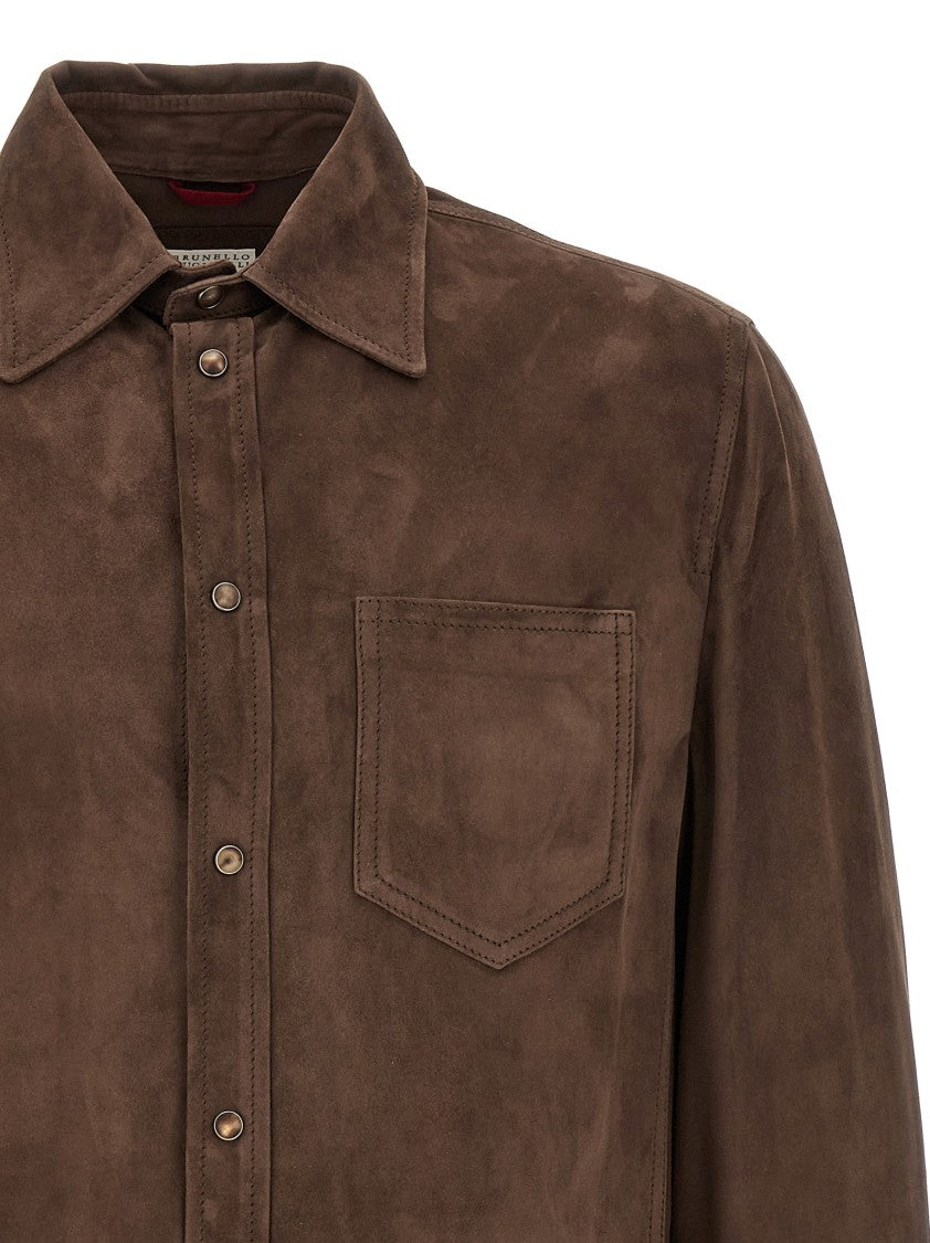 Brunello Cucinelli Paneled Construction Suede Overshirt With Snap Button Closure