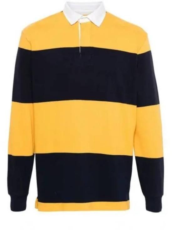 Polo Ralph Lauren Navy And Yellow Horizontal Striped Polo Shirt With Ribbed Cuffs