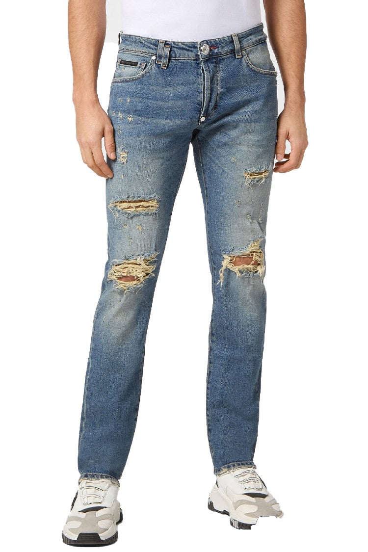 Philipp Plein Blue Super Straight Cotton-Blend Jeans