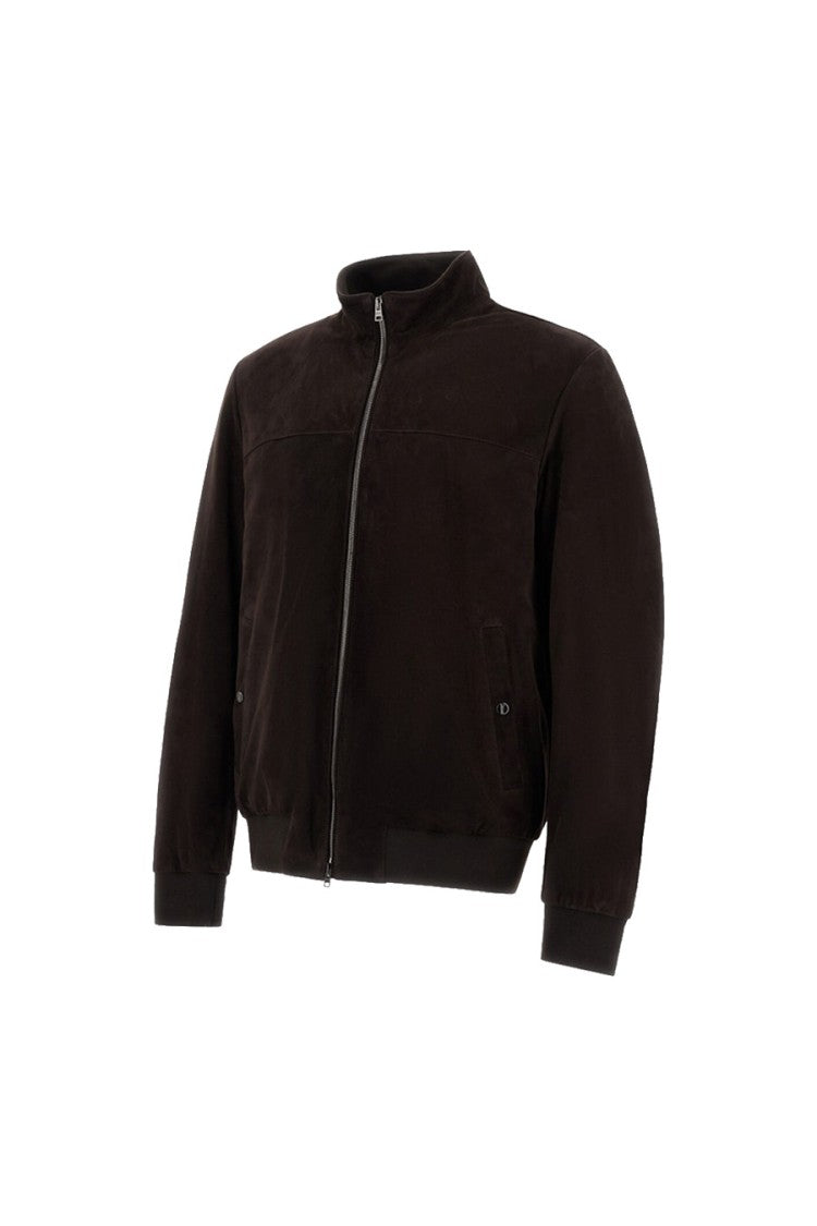 Herno Brown Leather Stand-Collar Zip Jacket