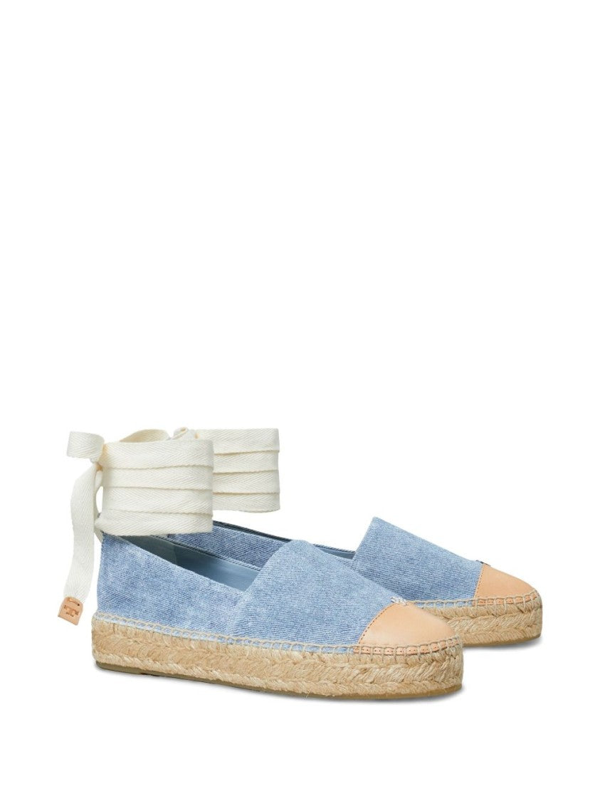 Tory Burch Round Toe Blue Espadrille With Ankle Strap And Natural Jute Sole