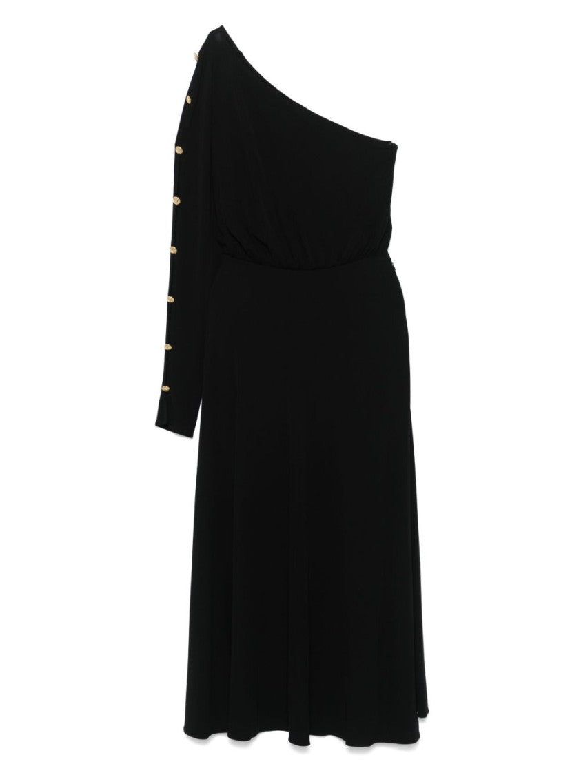 Elisabetta Franchi Flowing One-Shoulder Black Dress With Decorative Buttons
