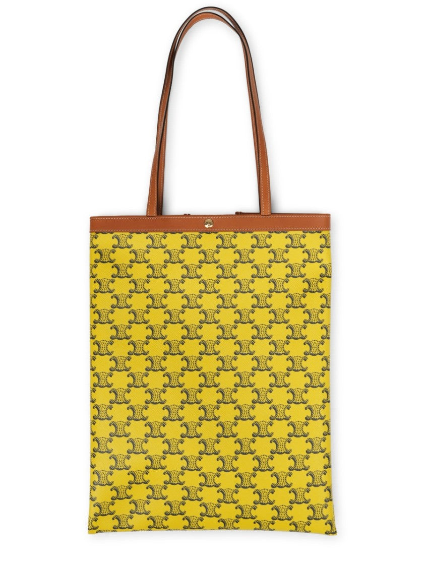 Celine Intricate Patterned Yellow Fabric Tote Bag With Leather Trim