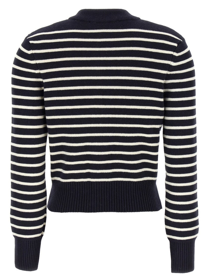 Ami Cropped Cardigan With Contrasting Horizontal Stripes And Gold-Tone Buttons