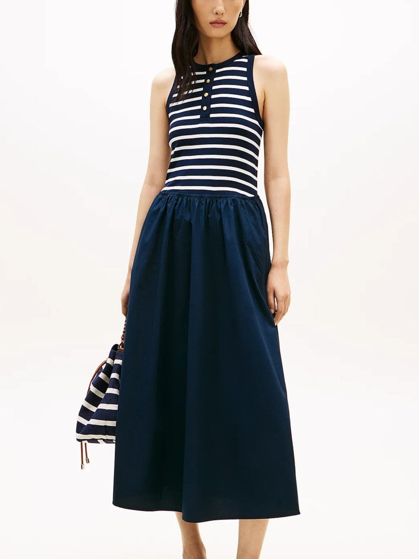 Tommy Hilfiger Striped Bodice Gold Button Midi Dress