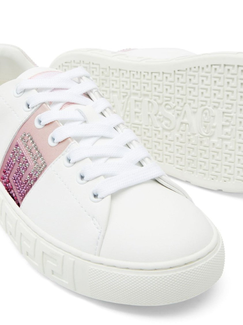 Versace White Pink Crystal Greca Detail Sneakers