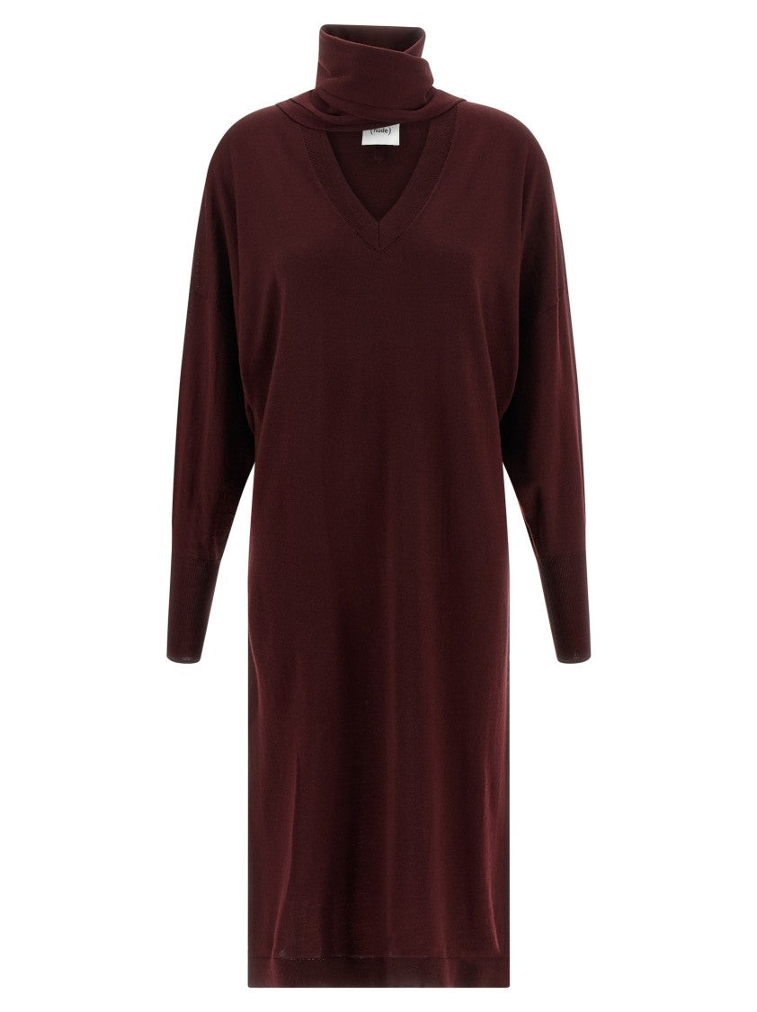 Nude Light Wool Knit Midi Dress With V-Neck