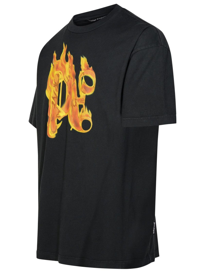Palm Angels Burning Monogram' Black Cotton T-Shirt
