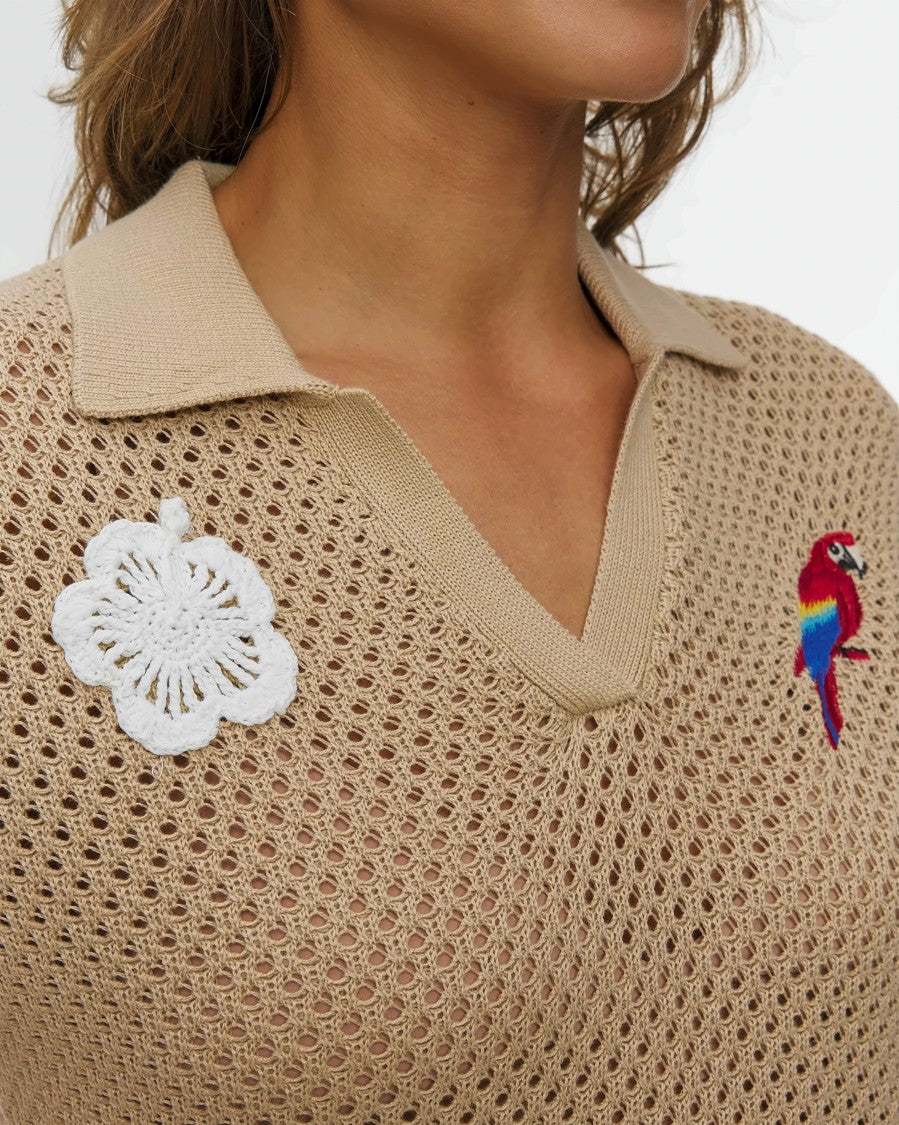Mc2 Saint Barth Beige Open-Knit Short-Sleeve Top With Playful Embroidery