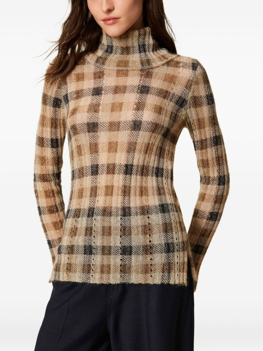 Twin-Set Camel And Black Plaid Knit Sweater