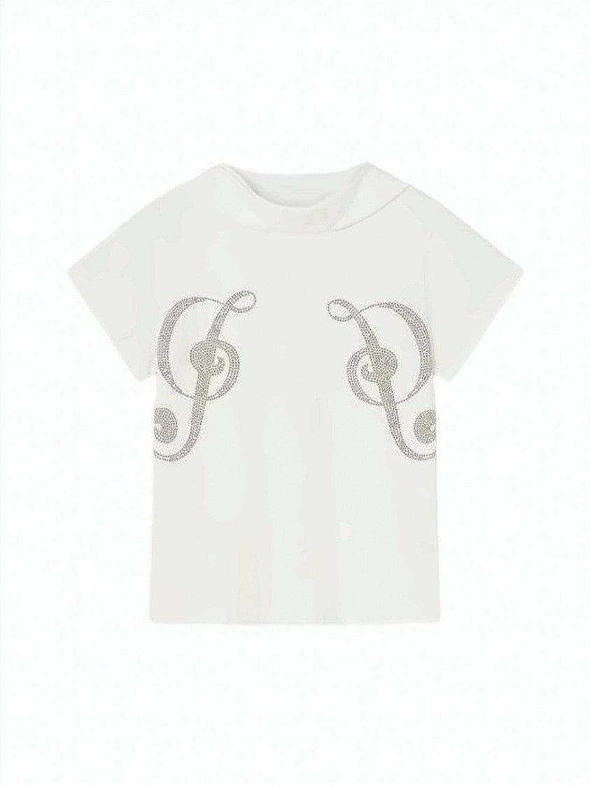Gimaguas White Short-Sleeved Boxy Monogram Embellished Top