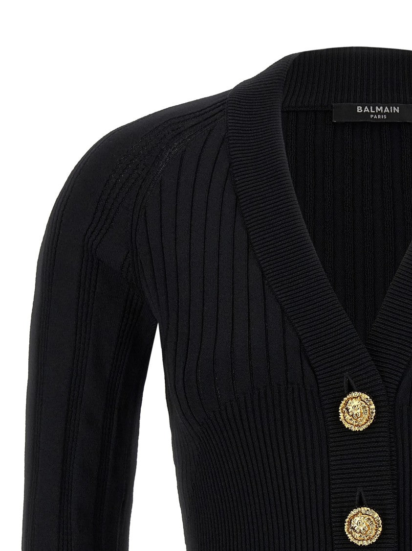 Balmain Fitted Ribbed Knit Gold Button Cardigan