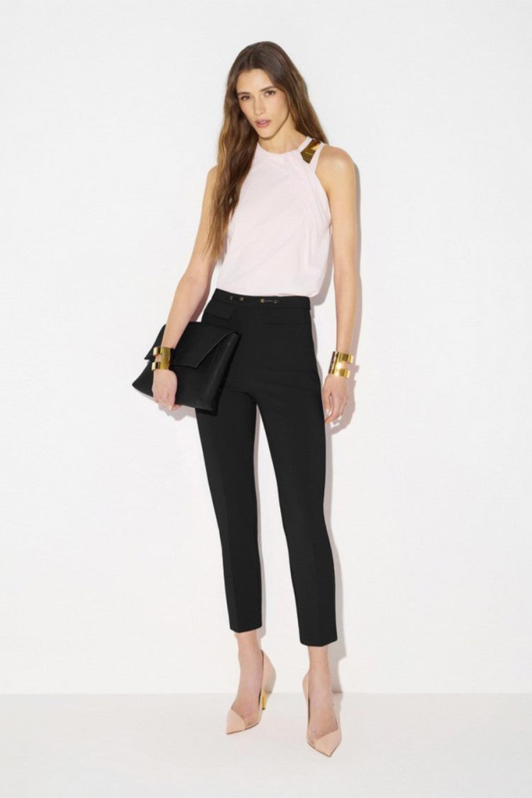 Elisabetta Franchi Black Flap Pocket Buckle Waist Polyamide-Blend Cropped Pants
