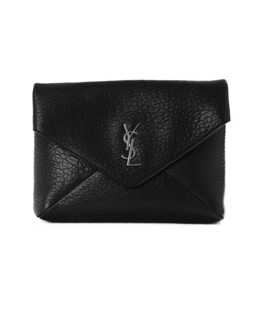 Saint Laurent Large Envelope Pochette In Textured Black Leather With Silver-Tone Logo