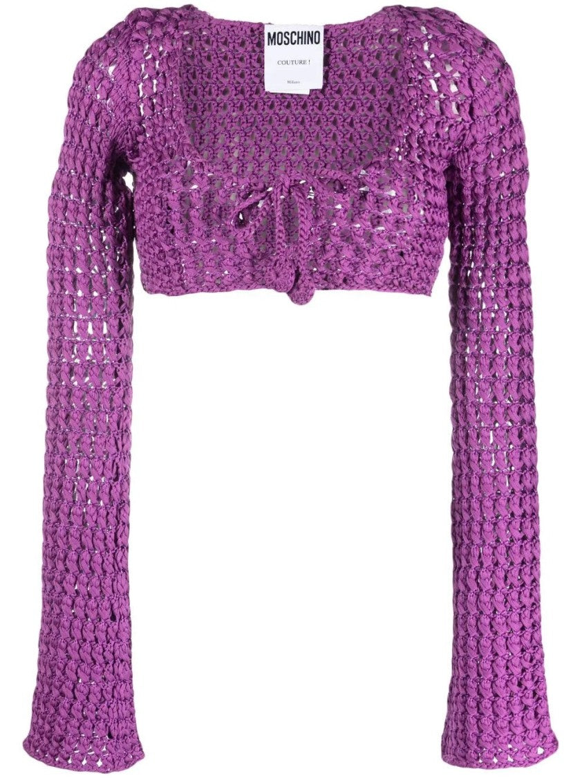 Moschino Cropped Open-Knit Blouse With Tie Detail