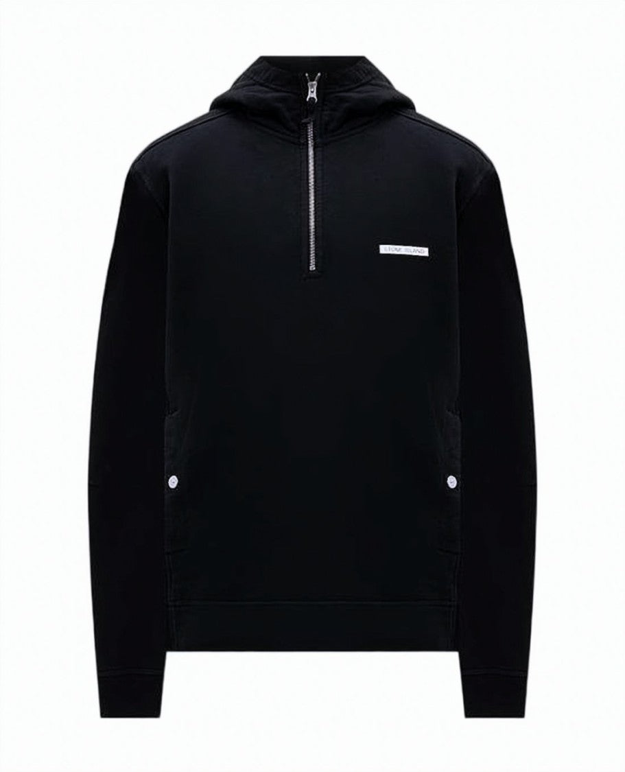Stone Island Half-Zip Black Hoodie With Ribbed Cuffs