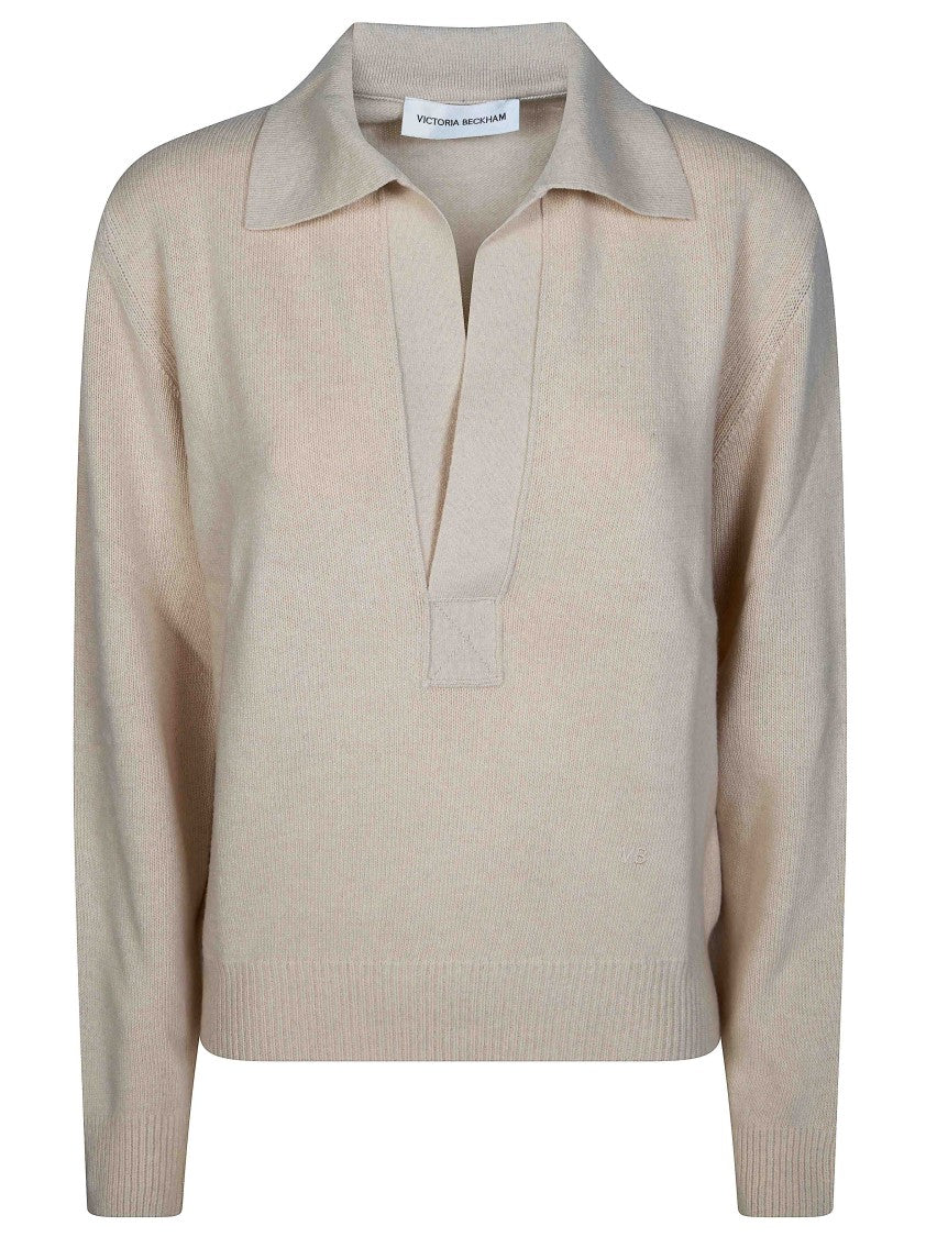 Victoria Beckham Polo Collar Jumper Ribbed V-Neck Top