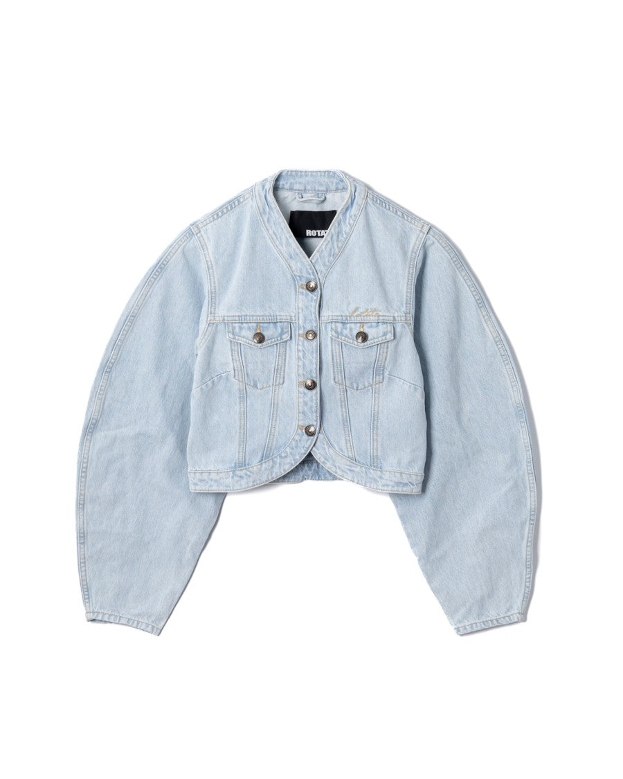 Rotate Cropped Round Sleeve Denim Jacket In Light Blue