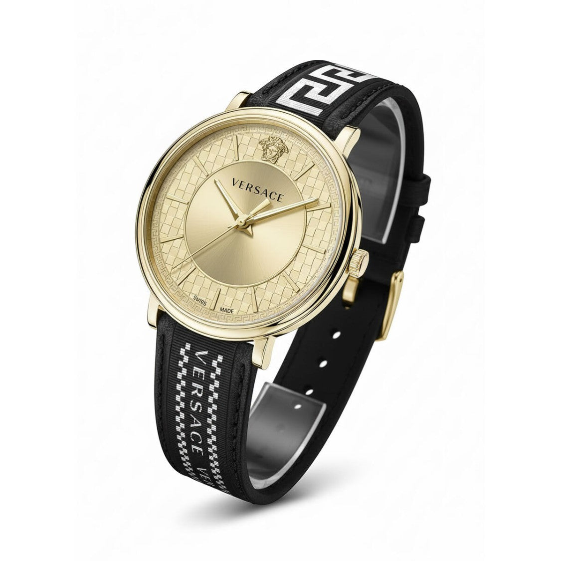 Versace Gold-Tone Stainless Steel Versace V-Circle Watch With Black Leather Strap