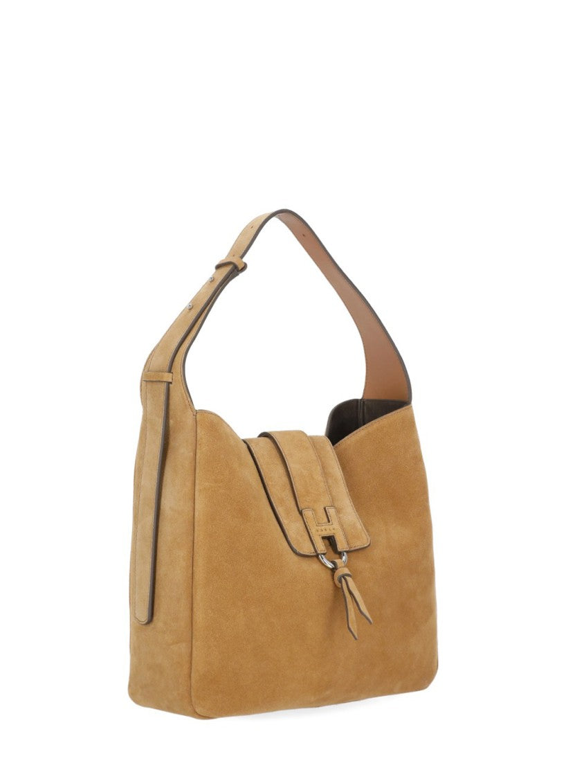 Hogan Light Brown Suede Shoulder Bag With H Detail