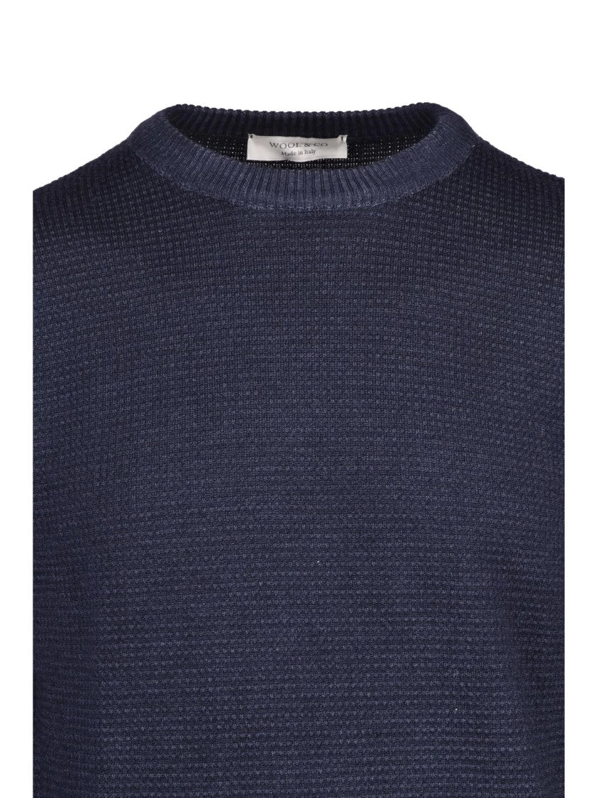 Wool & Co Blue Textured Merino Wool Crewneck Sweater